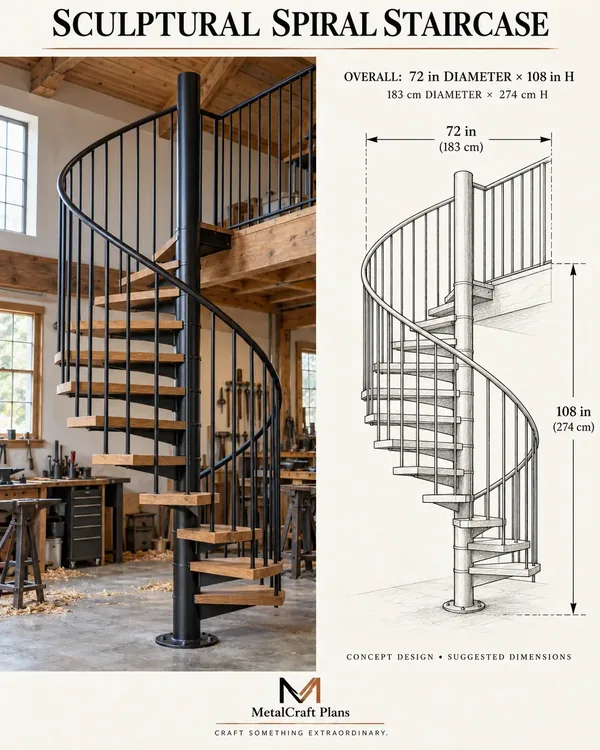 Spiral steel staircase with its technical drawing