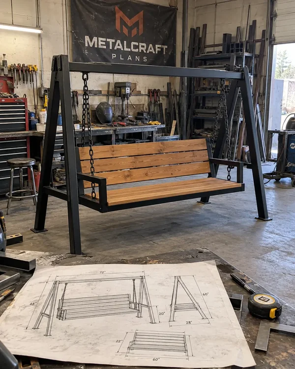 Steel garden swing with wood seat and its blueprint