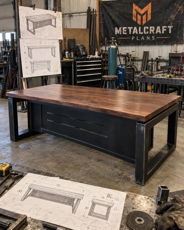 Steel and wood industrial workbench with its blueprint