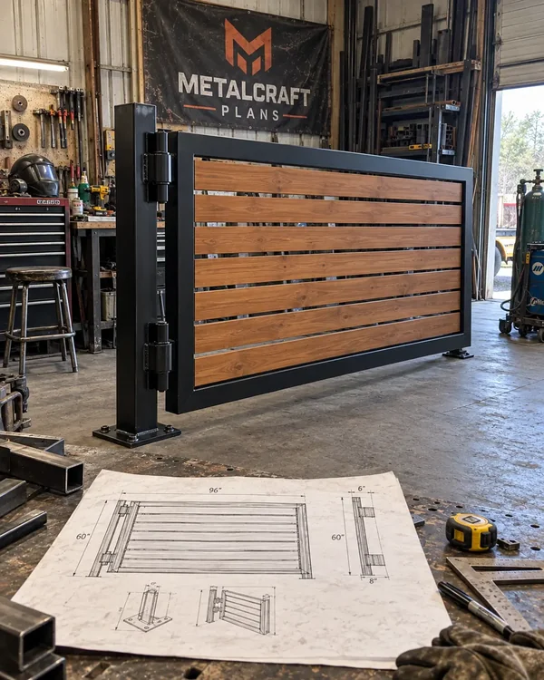 Steel and wood gate with its blueprint