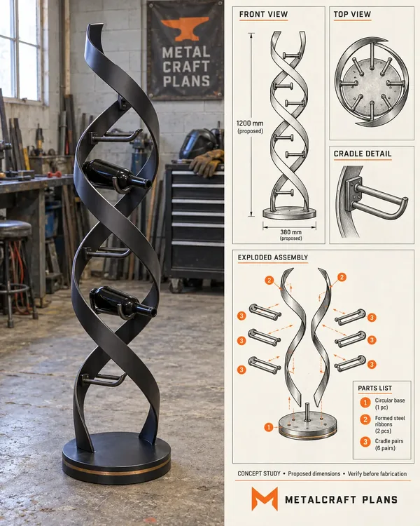 Double-helix steel wine rack with its technical drawing