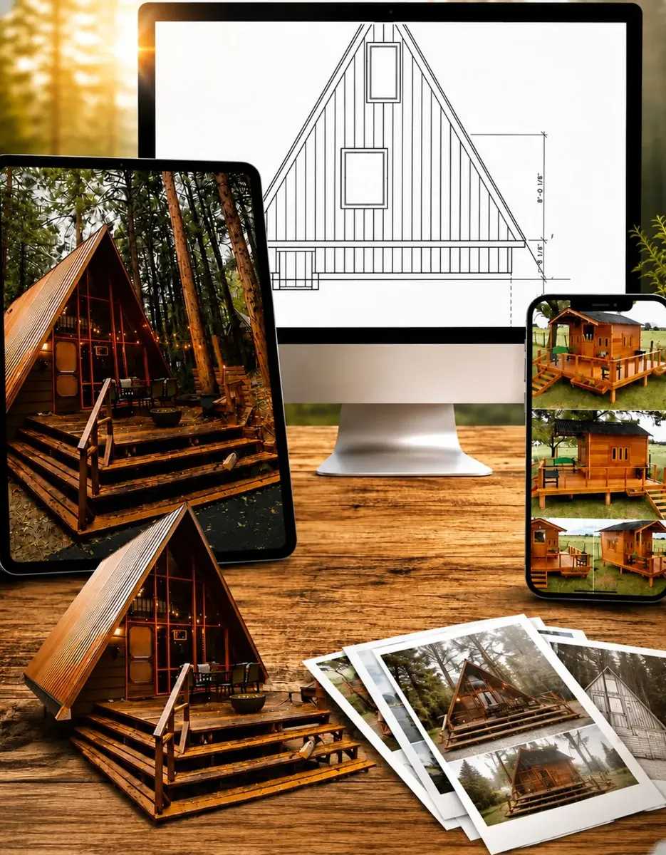 A-frame cabin project shown across devices, reference photos and technical drawings