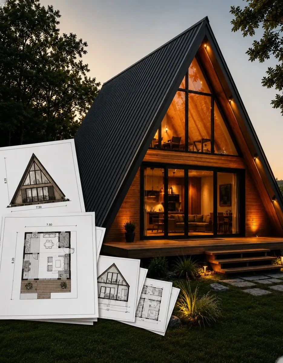 Premium A-frame cabin with architectural elevations and floor plan measurements