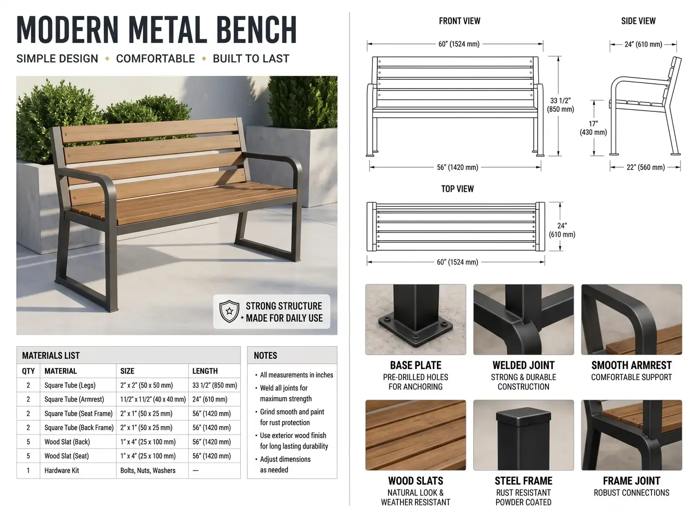 Modern metal and wood bench with dimensions, materials list and construction details