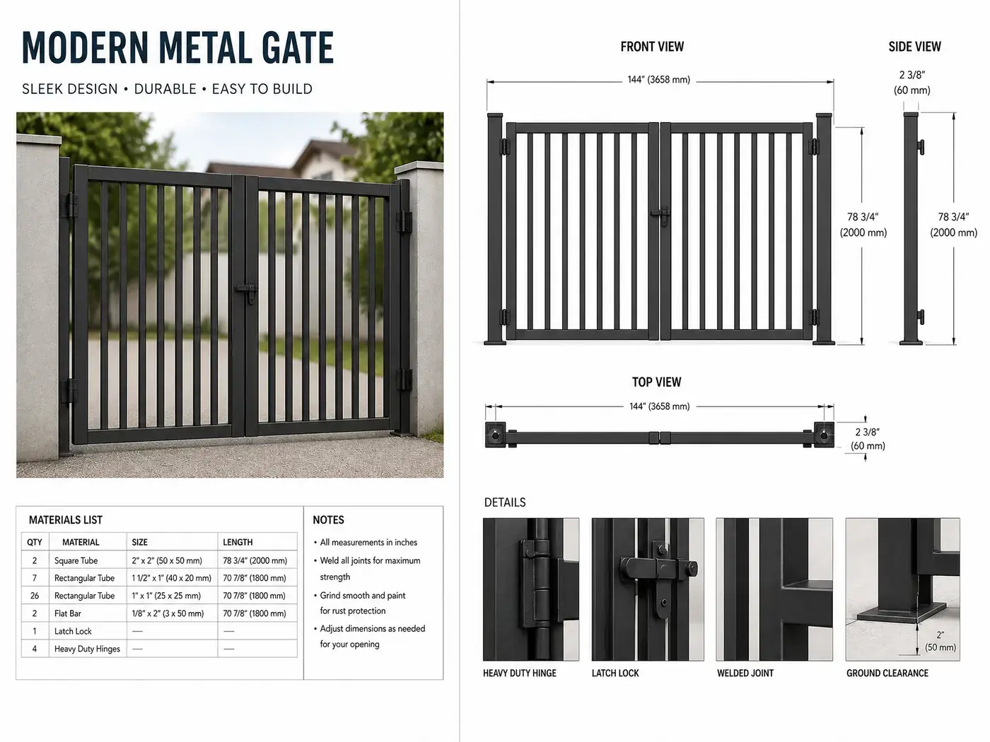 Modern metal gate with front, side and top technical views, measurements and materials list